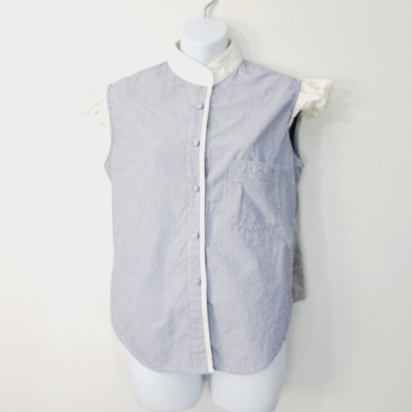 Harvey Faircloth‎ Seersucker Stripe Ruffle Cap Sleeve Button Front Top - Picture 2 of 10